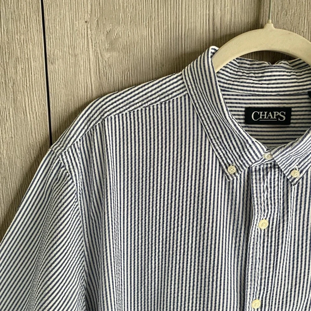 Vintage Seersucker Button Up Shirt Men's XXL Blue White Stripes Classic Preppy